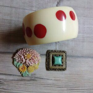 LOT -two vintage dress clips - one wide bracelet - celluloid ? - plastic